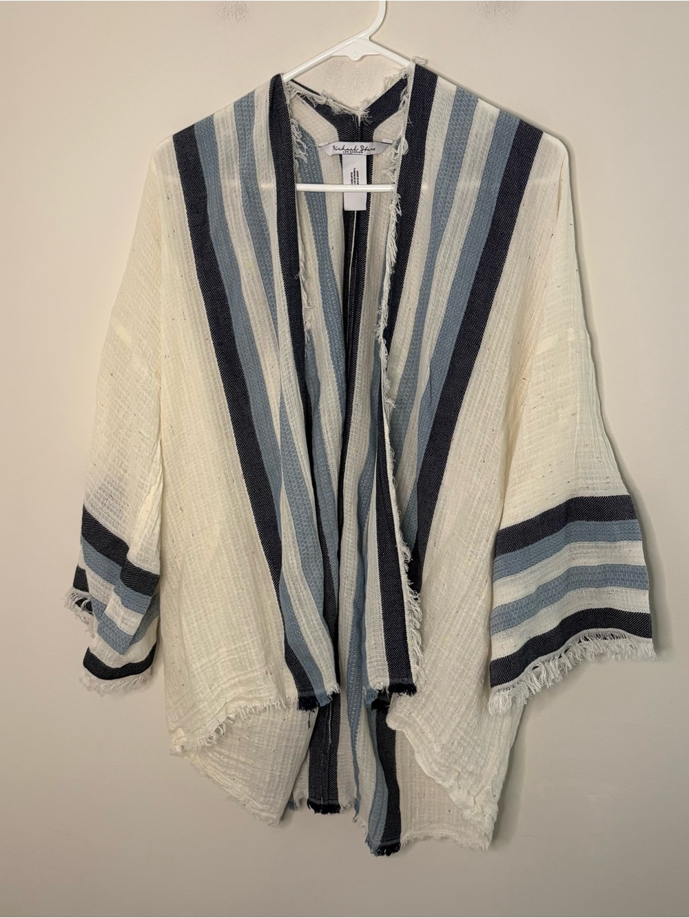 Michael Stars Kimono Wrap Women OS Blue Beige Striped Beachy Cottage Resort